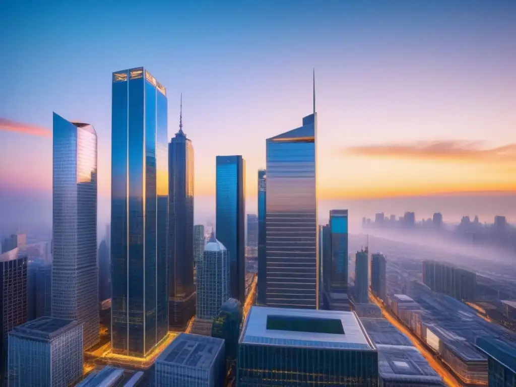 Amanecer en la ciudad financiera: energía y oportunidades Amanecer en una ciudad vibrante con rascacielos futuristas y profesionales debatiendo, simbolizando mercados inmobiliarios internacionales emergentes