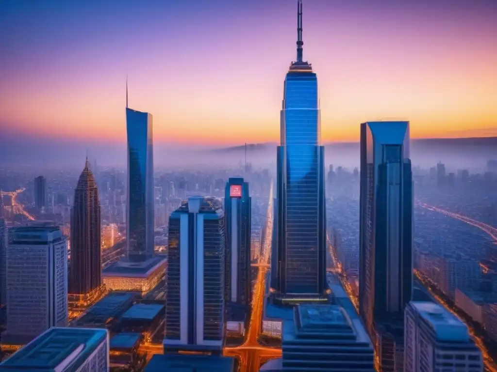 Metrópolis vibrante al anochecer: luces y energía en la ciudad moderna Una ciudad vibrante al anochecer con rascacielos iluminados por luces coloridas, reflejando potencial en mercados inmobiliarios emergentes