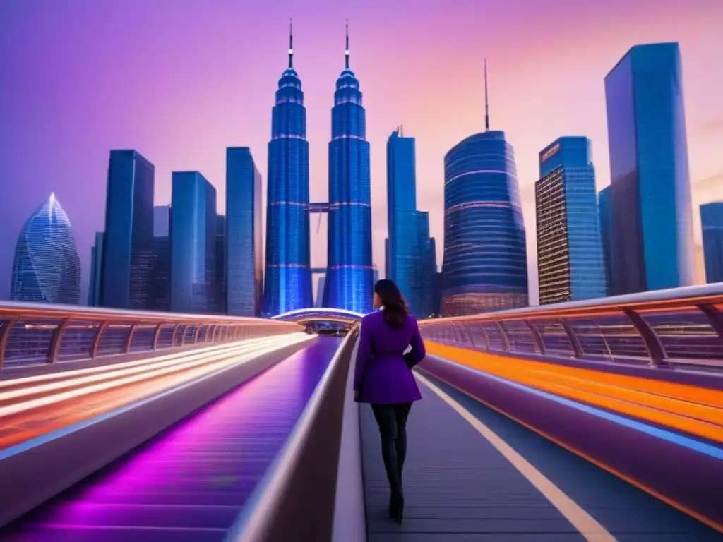 Horizonte urbano vibrante: modernos rascacielos iluminados al anochecer Una ciudad vibrante al anochecer con rascacielos iluminados y un puente futurista, ideal para inversiones inmobiliarias internacionales seguras