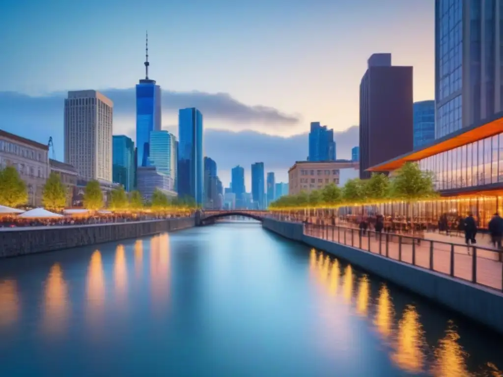 Vibrante ciudad al anochecer: inversión inmobiliaria en América del Norte Una ciudad vibrante al anochecer con rascacielos iluminados y gente paseando en un bulevar