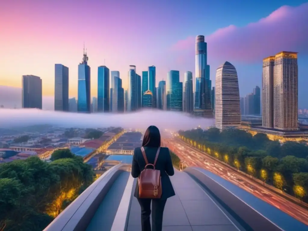 Skyline moderno y vibrante al atardecer: cultura urbana en evolución Una ciudad vibrante al anochecer, con rascacielos modernos iluminados por luces de colores