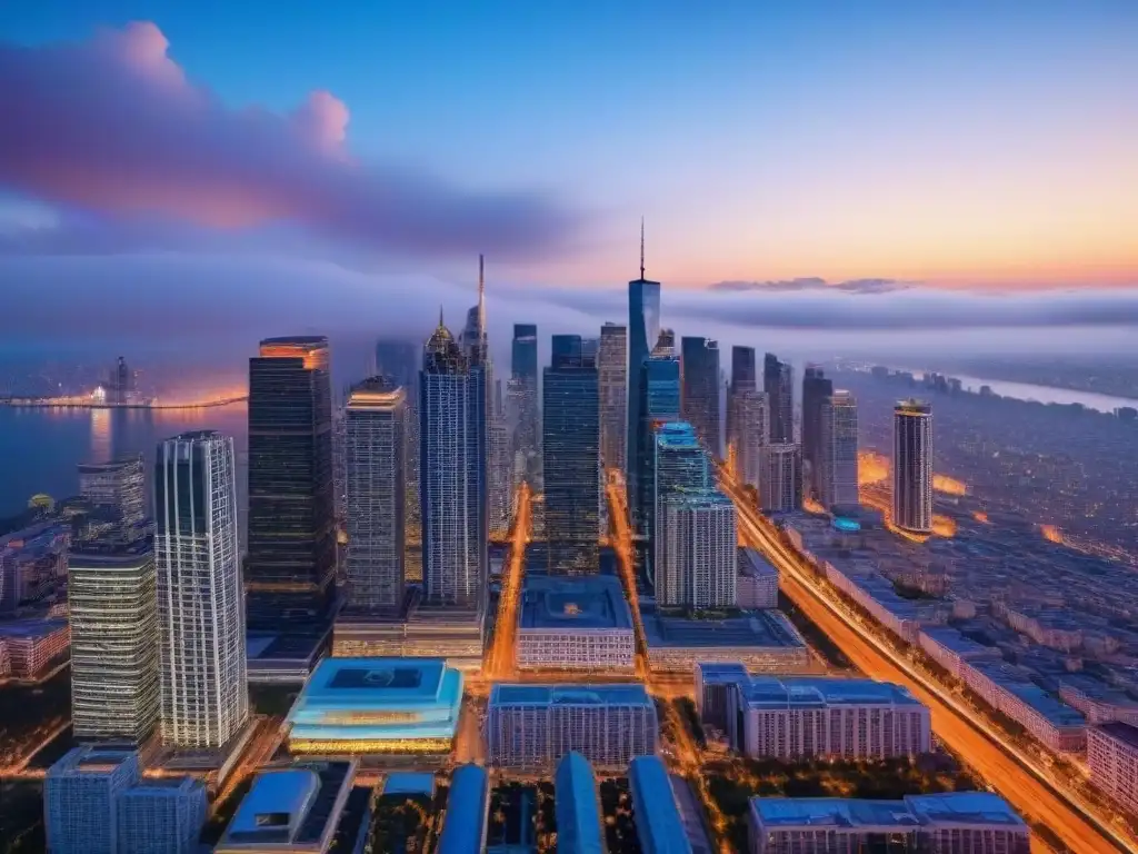 Horizonte urbano al atardecer: inversión inmobiliaria global Una ciudad vibrante al anochecer con rascacielos modernos y edificios históricos iluminados por luces cálidas