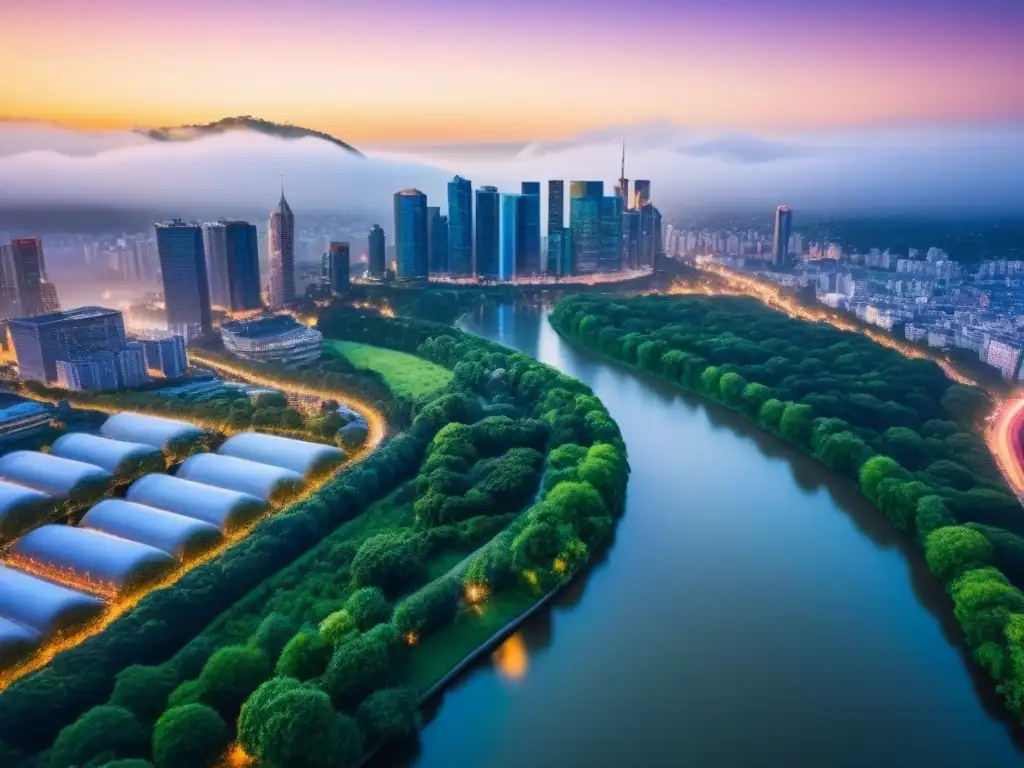 Vista aérea cautivadora de ciudad al anochecer: luces y contrastes urbanos Una ciudad vibrante al anochecer, con rascacielos modernos y edificios históricos junto a un río y exuberante vegetación