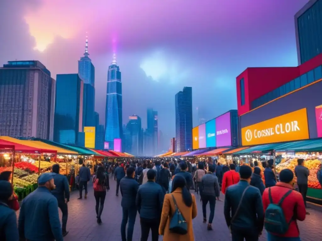 Horizonte urbano vibrante al anochecer: luces y arquitectura moderna en una ciudad dinámica y diversa La ciudad vibrante al anochecer muestra rascacielos modernos iluminados por luces coloridas, reflejando un ambiente urbano dinámico influenciado por las tendencias y preferencias de los consumidores en el mercado inmobiliario