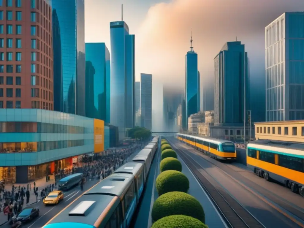 Metrópolis diversa: migración urbana y crecimiento global Una ciudad vibrante con rascacielos modernos y arquitectura histórica, población diversa en actividades diarias