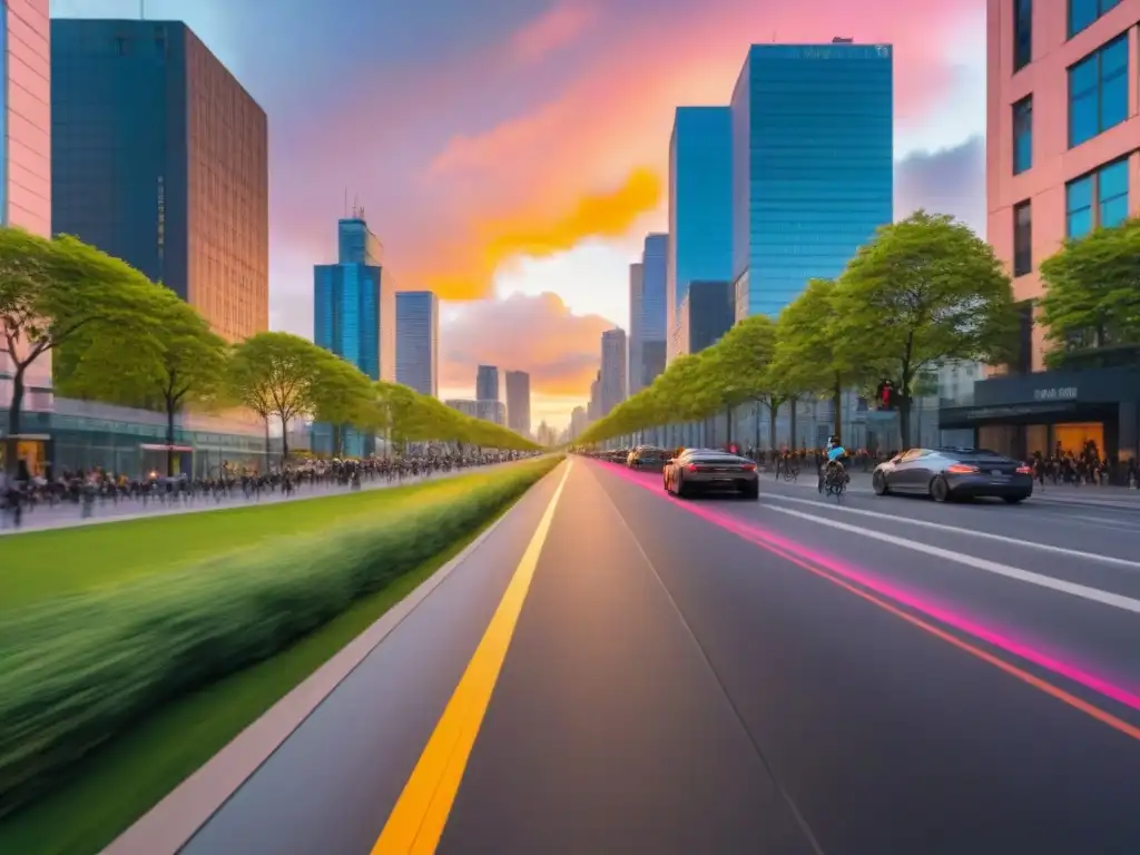 Horizonte urbano sostenible: modernidad y naturaleza en armonía Una ciudad vibrante y sostenible al atardecer, con rascacielos modernos y parques verdes llenos de vida