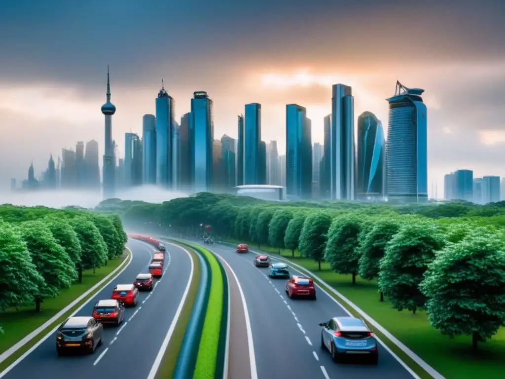 Ciudad sostenible: Futuro ecoamigable y resiliente Una ciudad vibrante y sostenible, con rascacielos futuristas, parques verdes y transporte eco, refleja resiliencia urbana frente cambio climático