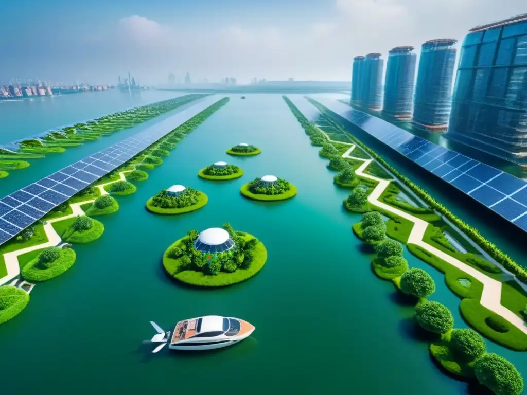 Ciudad flotante del futuro: tecnologías verdes integradas en la arquitectura Ciudades flotantes sostenibles: avanzadas tecnologías verdes integradas en la arquitectura, rodeadas de aguas cristalinas