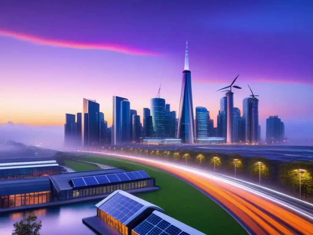 Ciudades inteligentes sostenibles análisis: Atardecer vibrante en una ciudad futurista con rascacielos iluminados y tecnología verde