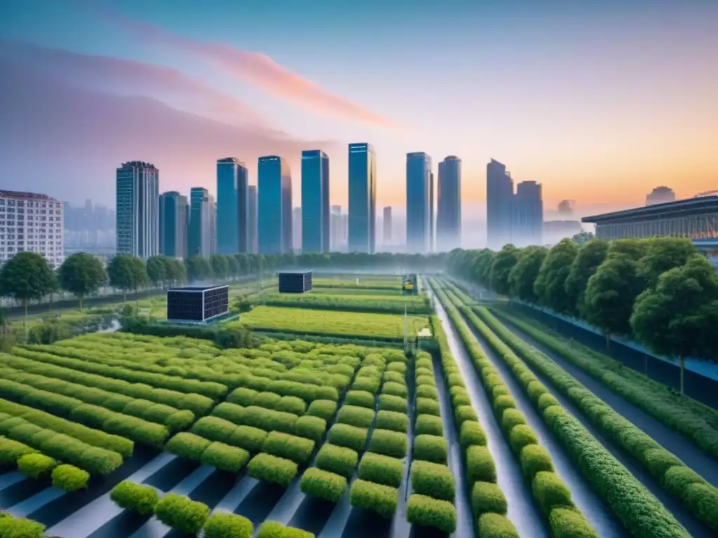 Ciudades inteligentes sostenibles: atardecer vibrante con rascacielos modernos iluminados y parque verde lleno de actividades eco