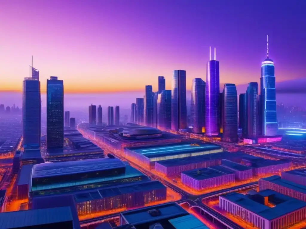 Cityscape futurista: luces vibrantes en un atardecer tecnológico Invierte en ciudades postindustriales con este deslumbrante paisaje urbano futurista al anochecer