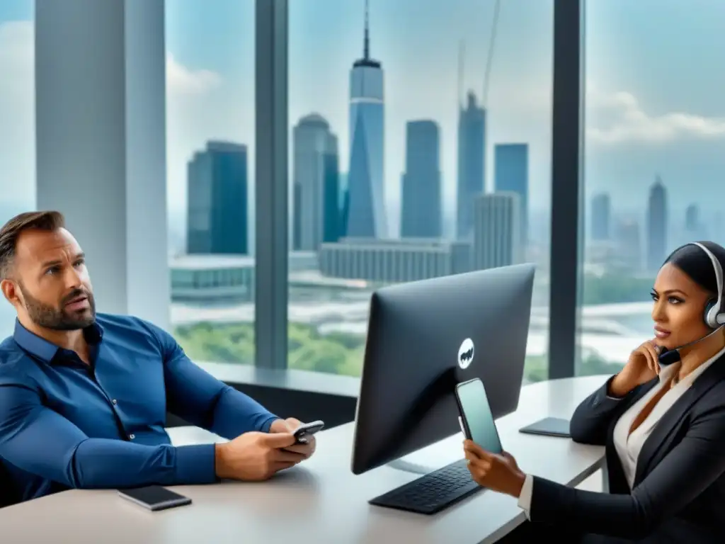 Cliente frustrado: resolución inmediata con servicio al cliente profesional Un cliente frustrado sostiene un móvil con pantalla rota, frente a un representante de servicio al cliente atento en una oficina moderna