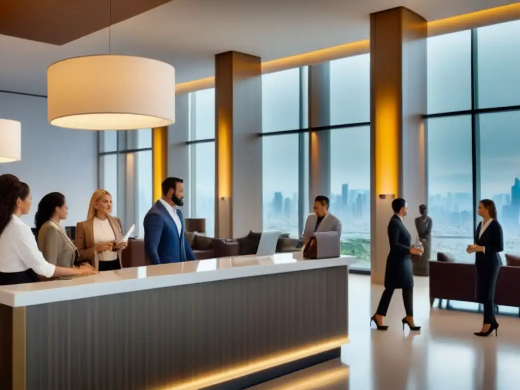 Check-in de lujo: Experiencia internacional en hotel de sofisticación Clientes huéspedes internacionales disfrutan de un lujoso check-in en hotel, reflejando fidelización y elegancia