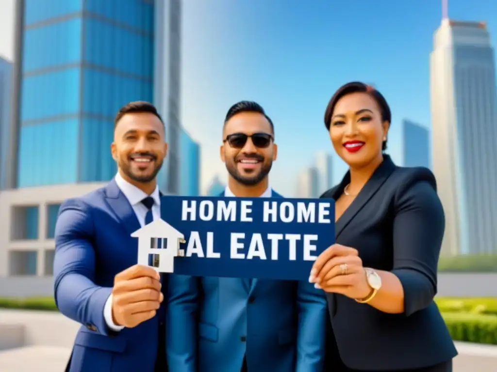 Clientes internacionales felices de su nuevo hogar: éxito inmobiliario Clientes internacionales felices frente a edificio lujoso con letrero 'Home Sweet Home Your Trusted Real Estate Partner'
