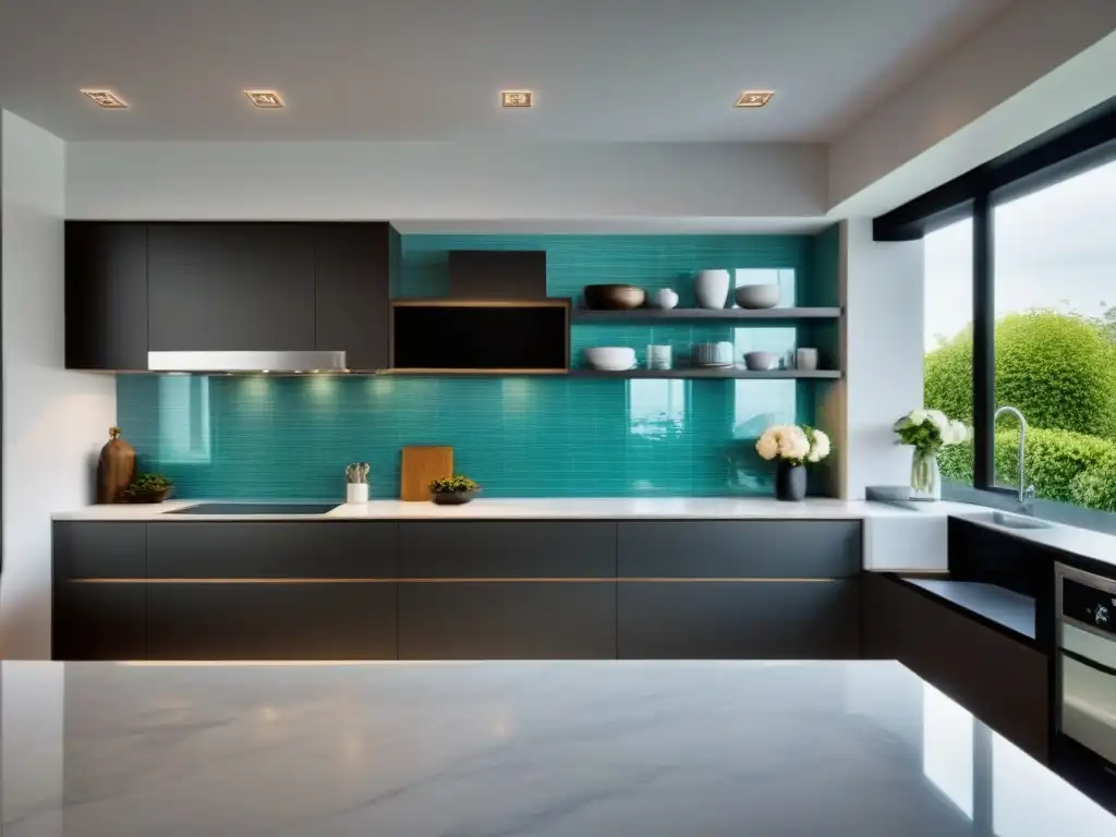 Renovación de cocina de lujo: diseño moderno y detallado Cocina de lujo con detalles modernos, iluminación natural y vista a jardín exuberante, reflejando impacto renovaciones valor propiedad