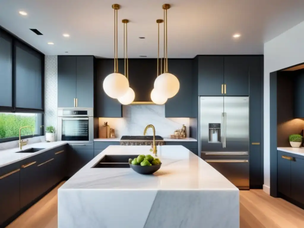 Transformación de cocina de lujo con mármol blanco y electrodomésticos de acero inoxidable Transformación de cocina de lujo con elegantes encimeras de mármol blanco y electrodomésticos de acero inoxidable de última generación