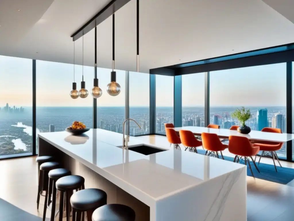 Cocina de lujo con diseño elegante y vistas panorámicas Cocina de lujo moderna con vista panorámica a la ciudad, inversión en renovaciones para rentabilidad y elegancia sofisticada