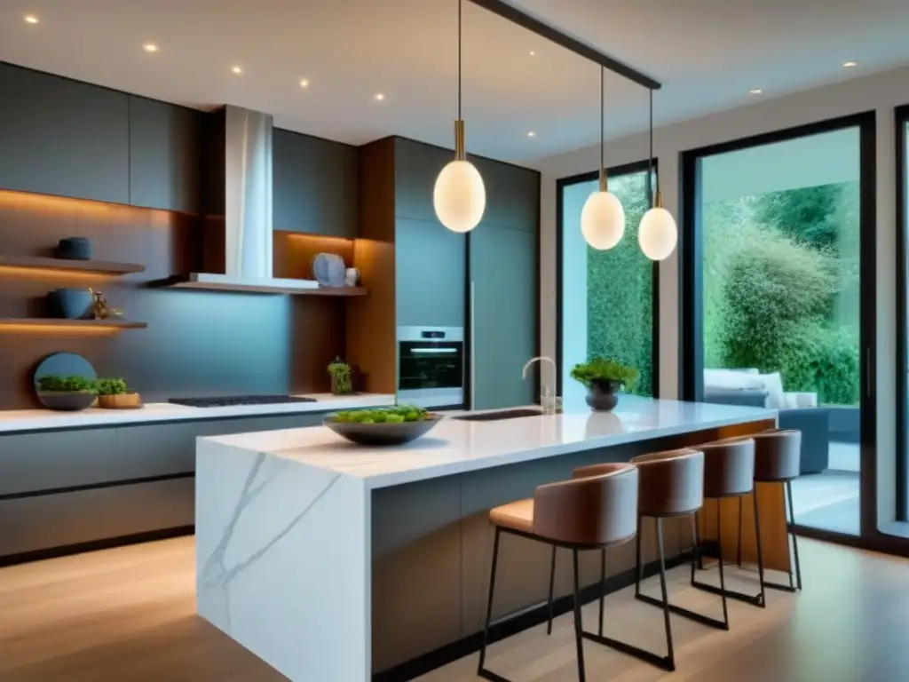 Renovación de cocina de lujo: mármol blanco, electrodomésticos modernos y diseño elegante Renovación de cocina lujosa y moderna con isla central, tendencias renovación mercado inmobiliario internacional