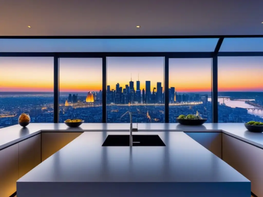Cocina inteligente con vistas urbanas al atardecer Cocina moderna en casa inteligente con vista panorámica de ciudad al atardecer