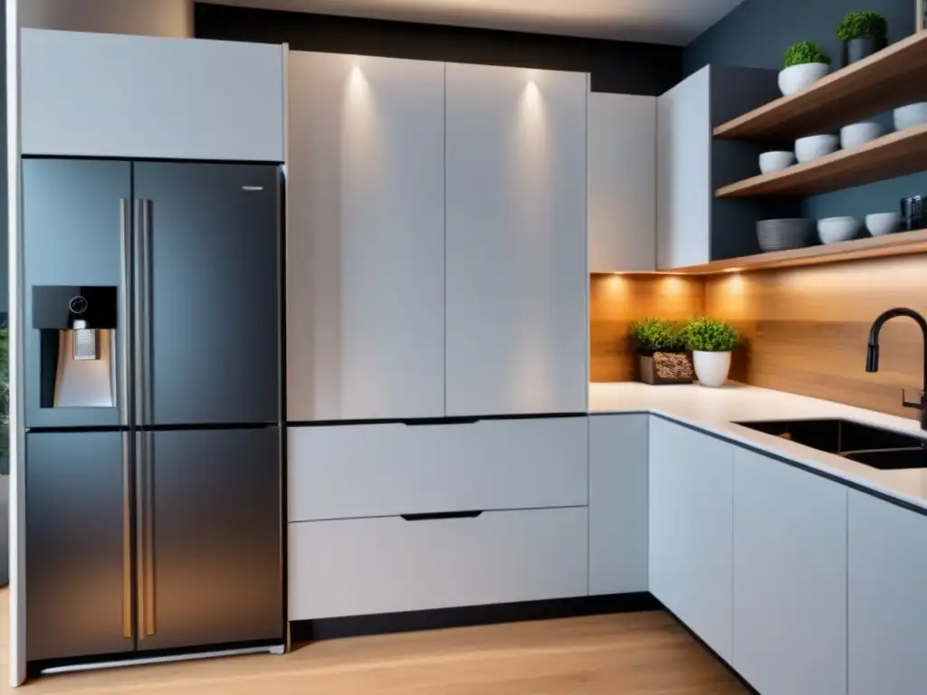 Cocina moderna y funcional: soluciones inteligentes para espacios pequeños Una cocina moderna y elegante en un apartamento pequeño con soluciones de almacenamiento inteligentes