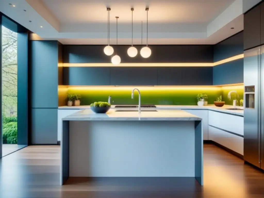 Cocina de lujo: acero inoxidable, mármol y luz natural Cocina moderna y elegante con electrodomésticos de acero inoxidable, isla de mármol y vista a un jardín exuberante