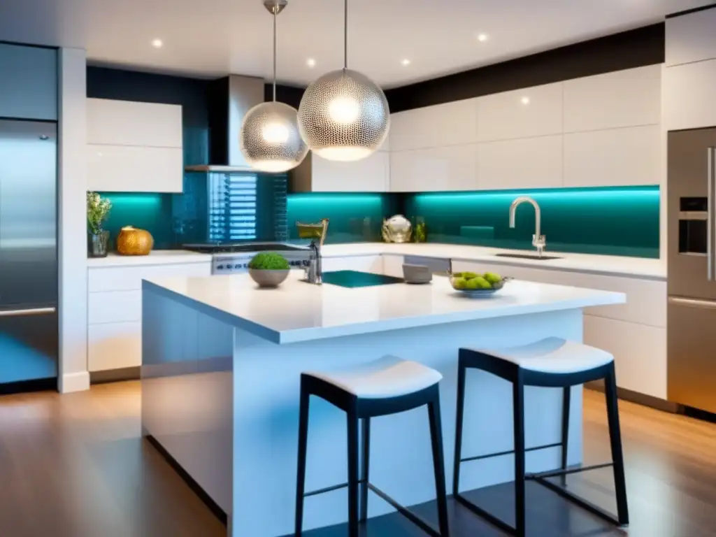 Cocina moderna con isla central y diseño minimalista Una cocina moderna y elegante con gabinetes blancos brillantes, encimeras de cuarzo y electrodomésticos de acero inoxidable