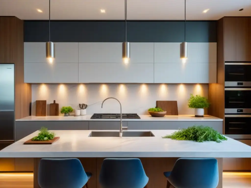 Cocina moderna iluminada con luces LED para cenas sofisticadas Una cocina moderna iluminada con LED, resaltando cada detalle arquitectónico