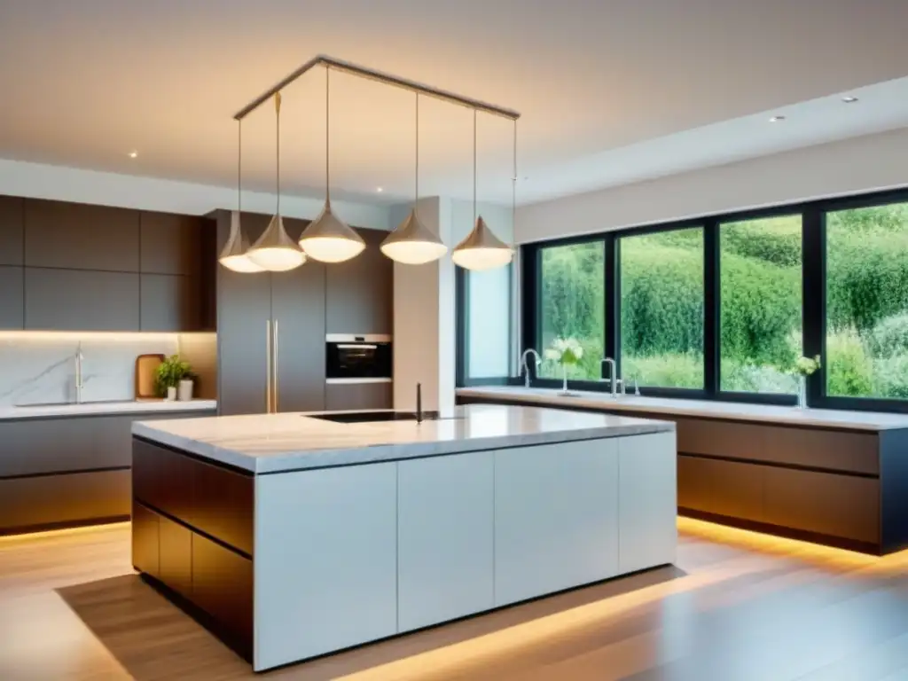 Cocina moderna con isla de mármol y vistas al jardín Cocina moderna con isla, electrodomésticos inoxidable y vistas a jardín