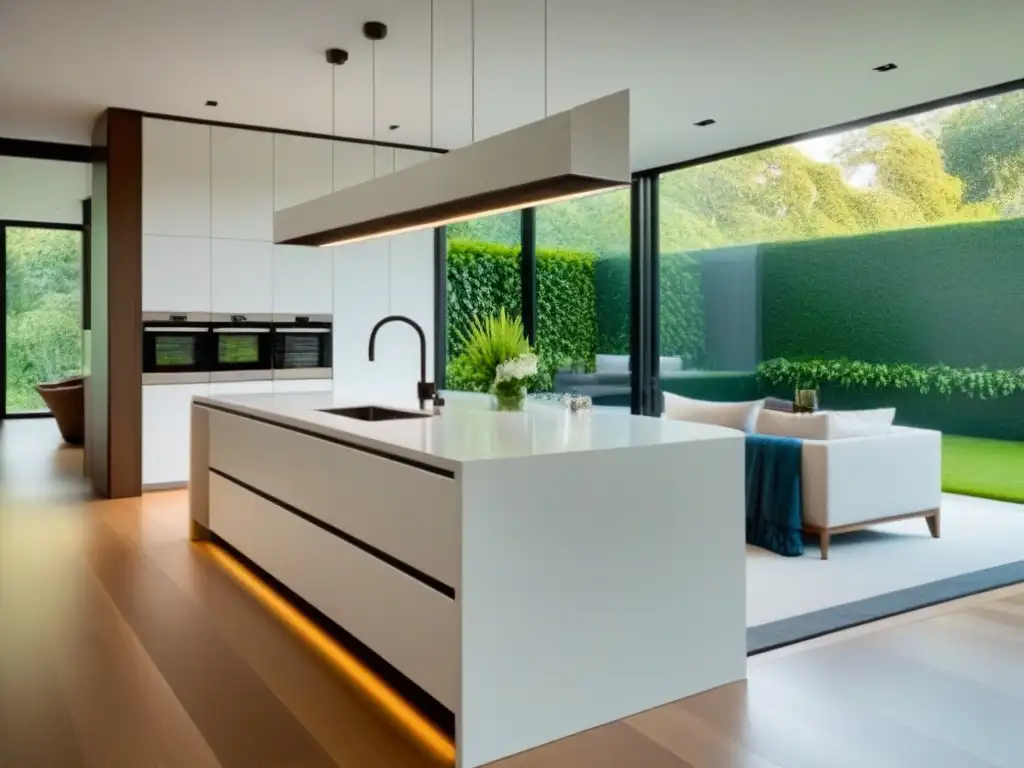 Cocina moderna de lujo con isla y vista al jardín Cocina moderna de lujo con diseño elegante y funcional, bañada en luz natural con vista a un jardín exuberante