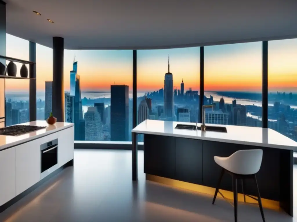 Moderna cocina de lujo con vista a la ciudad: inspiración para hipotecas internacionales Una cocina moderna de lujo con electrodomésticos de acero inoxidable y encimeras de mármol, con vista panorámica a un horizonte urbano a través de ventanales de piso a techo