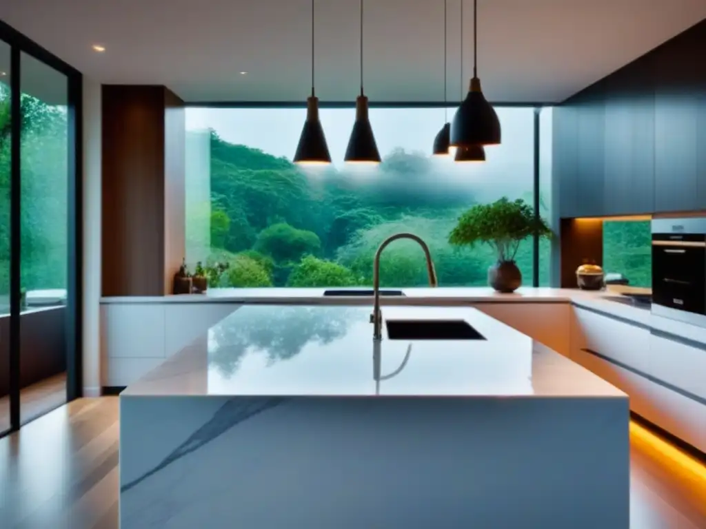 Cocina moderna de lujo con diseño minimalista y acabados elegantes Una cocina moderna de lujo con encimeras de mármol blanco, electrodomésticos de acero inoxidable y una elegante lámpara colgante sobre una isla espaciosa