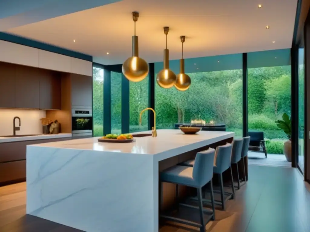 Cocina moderna de lujo con vistas al jardín Una cocina moderna de lujo con encimeras de mármol blanco, electrodomésticos de acero inoxidable y una isla grande con iluminación colgante elegante