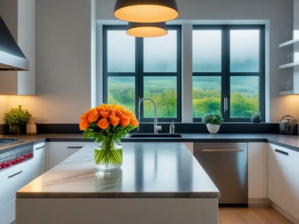 Cocina moderna de lujo con diseño elegante y luminoso Una cocina moderna de lujo con gabinetes blancos, encimeras de mármol y electrodomésticos de acero inoxidable