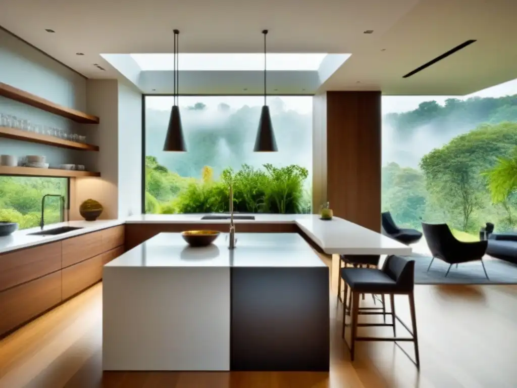 Cocina moderna de lujo con vistas a jardín verde Cocina moderna de lujo con isla central y vista a jardín
