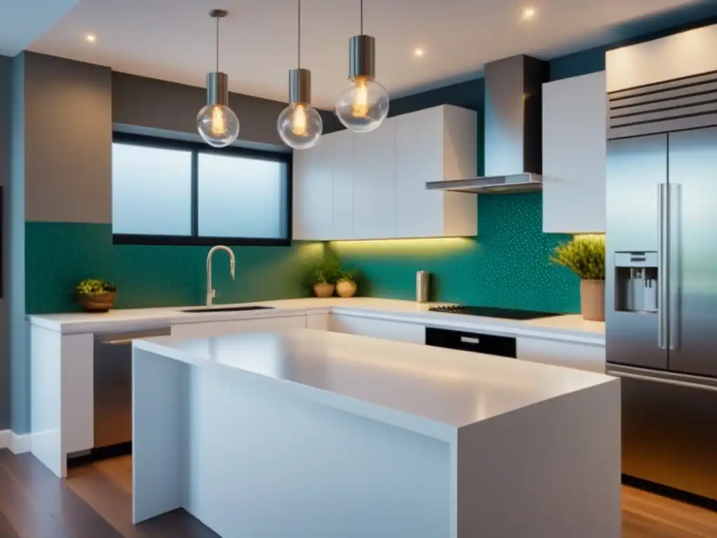 Renovación de cocina moderna en 8k con electrodomésticos de acero inoxidable y diseño elegante Renovación de cocinas para inversores: Una cocina moderna y elegante con electrodomésticos de acero inoxidable y una isla central de cuarzo