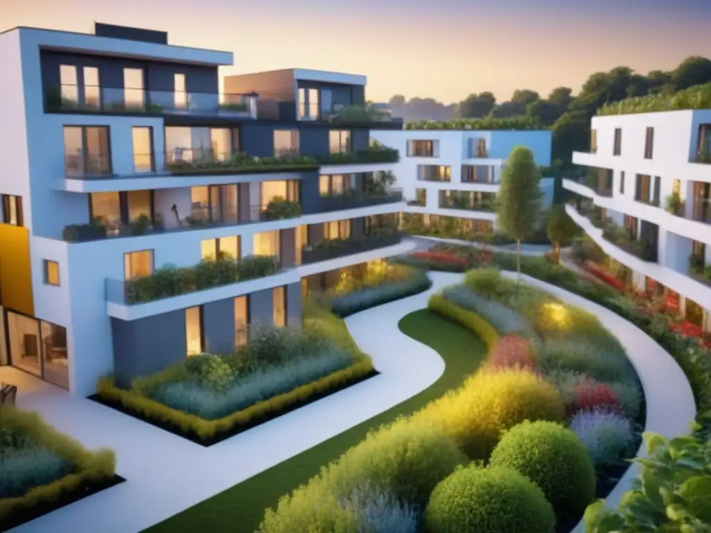 Cohousing de lujo: comunidad vibrante y moderna al atardecer Cohousing internacional para inversores: Complejo moderno y lujoso con diseño arquitectónico elegante, vegetación exuberante y grupos diversos compartiendo una comida en un espacio comunitario vibrante al atardecer