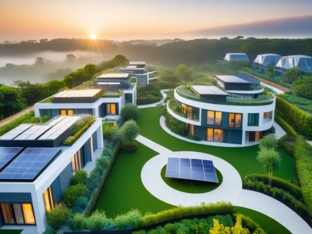 Complejo de cohousing moderno: diseño innovador en entorno sostenible Cohousing moderno con diseño innovador y retorno inversión proyectos cohousing internacional, rodeado de naturaleza al atardecer