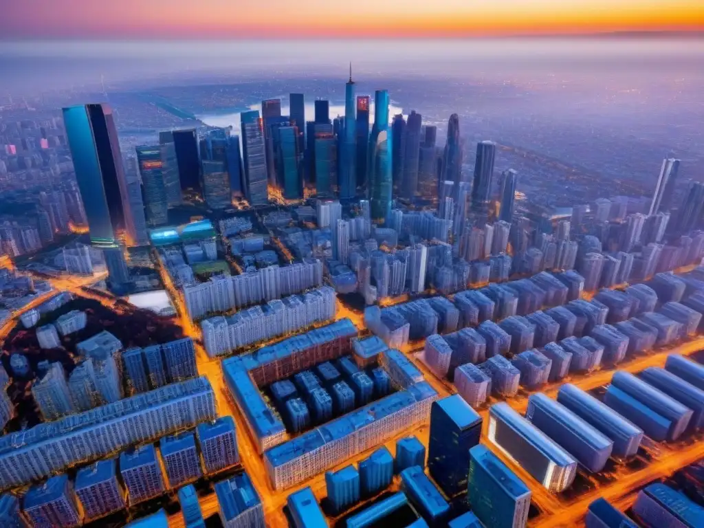 Vibrante mercado inmobiliario internacional: ciudad en crecimiento Colaboraciones internacionales en mercado inmobiliario: Vista aérea impactante de una ciudad vibrante al atardecer