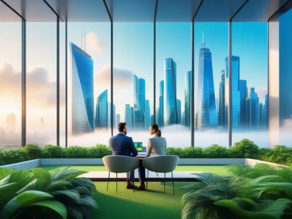 Metropolis global: colaboración internacional en desarrollo inmobiliario Colaboraciones internacionales en mercado inmobiliario: Futurista ciudad con rascacielos y naturaleza integrada, profesionales intercambiando ideas