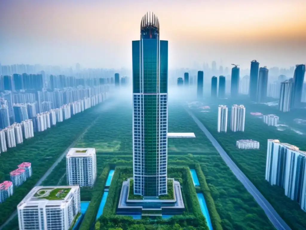 Rascacielos de lujo en ciudad asiática: diseño innovador y exclusividad Colaboraciones marcas lujo inmobiliario Asia: Imponente rascacielos moderno en bulliciosa ciudad asiática
