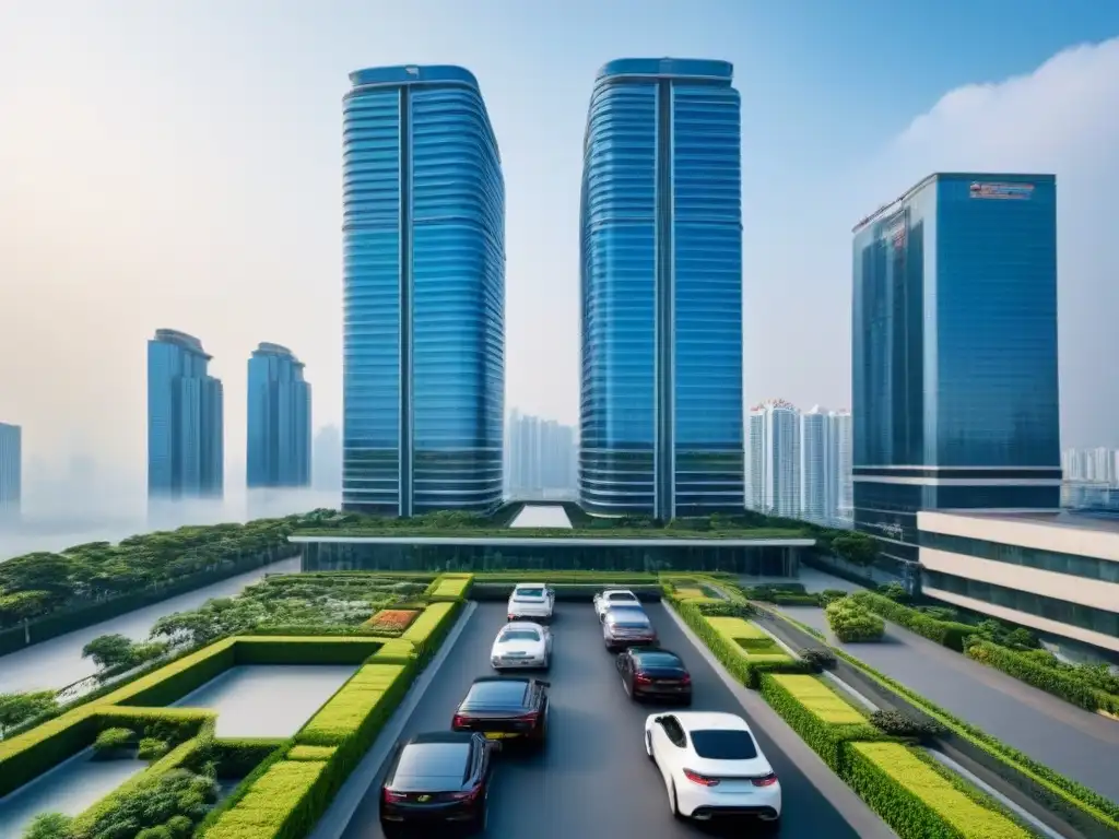 Condominio de lujo en ciudad asiática: modernidad y elegancia Colaboraciones de marcas de lujo en el inmobiliario de Asia, con moderno complejo de condominios de alta gama y bulliciosa ciudad de fondo