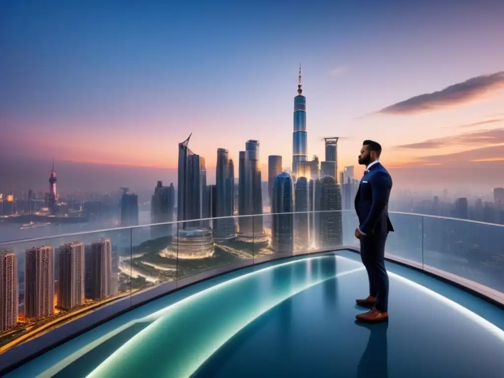 Rascacielos lujoso y futurista en una ciudad asiática vibrante Colaboraciones marcas lujo inmobiliario Asia: Un rascacielos futurista y lujoso en una bulliciosa ciudad asiática al atardecer