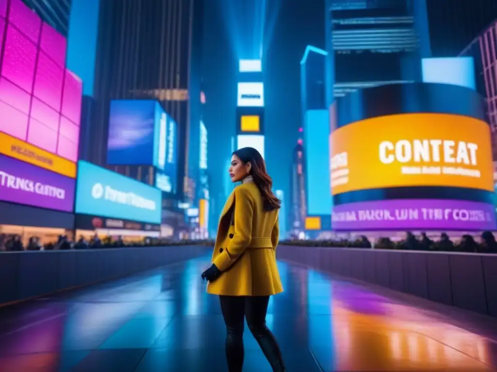 Metrópolis futurista: luces neón y marketing inmobiliario global Un collage digital vibrante y sofisticado de una ciudad bulliciosa de noche, con luces de neón iluminando rascacielos futuristas y pantallas digitales mostrando contenido de marketing inmobiliario internacional