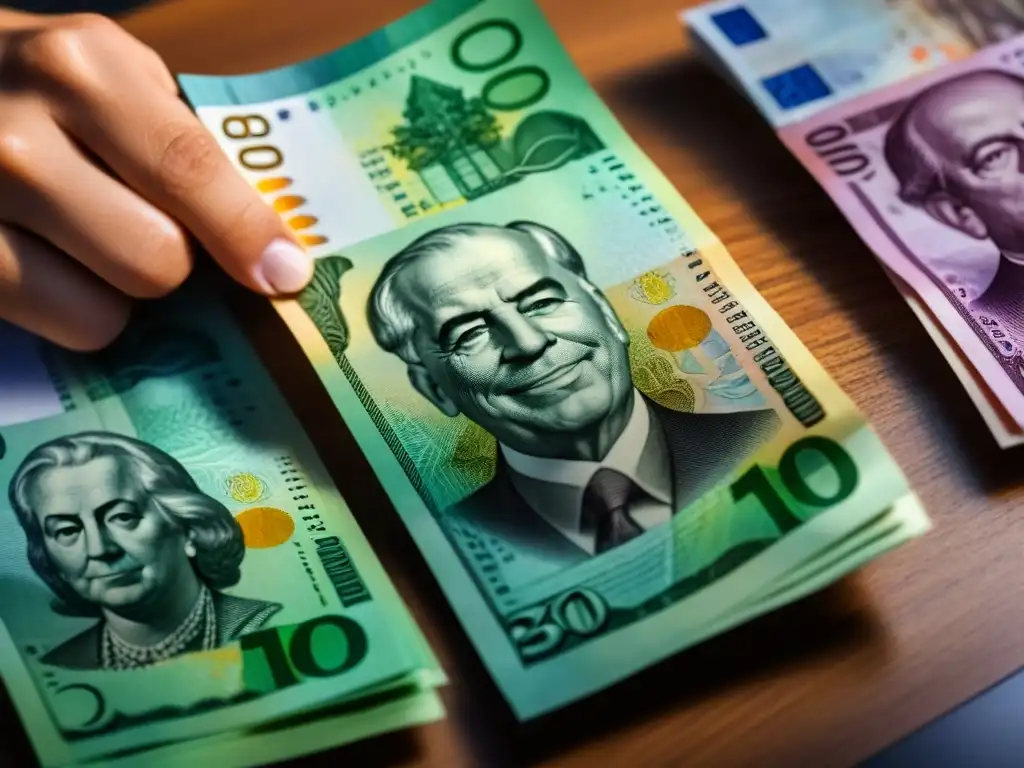 Inversiones internacionales: divisa en la mesa Un collage de monedas locales de varios países en una elegante mesa, simbolizando inversiones inmobiliarias en el extranjero