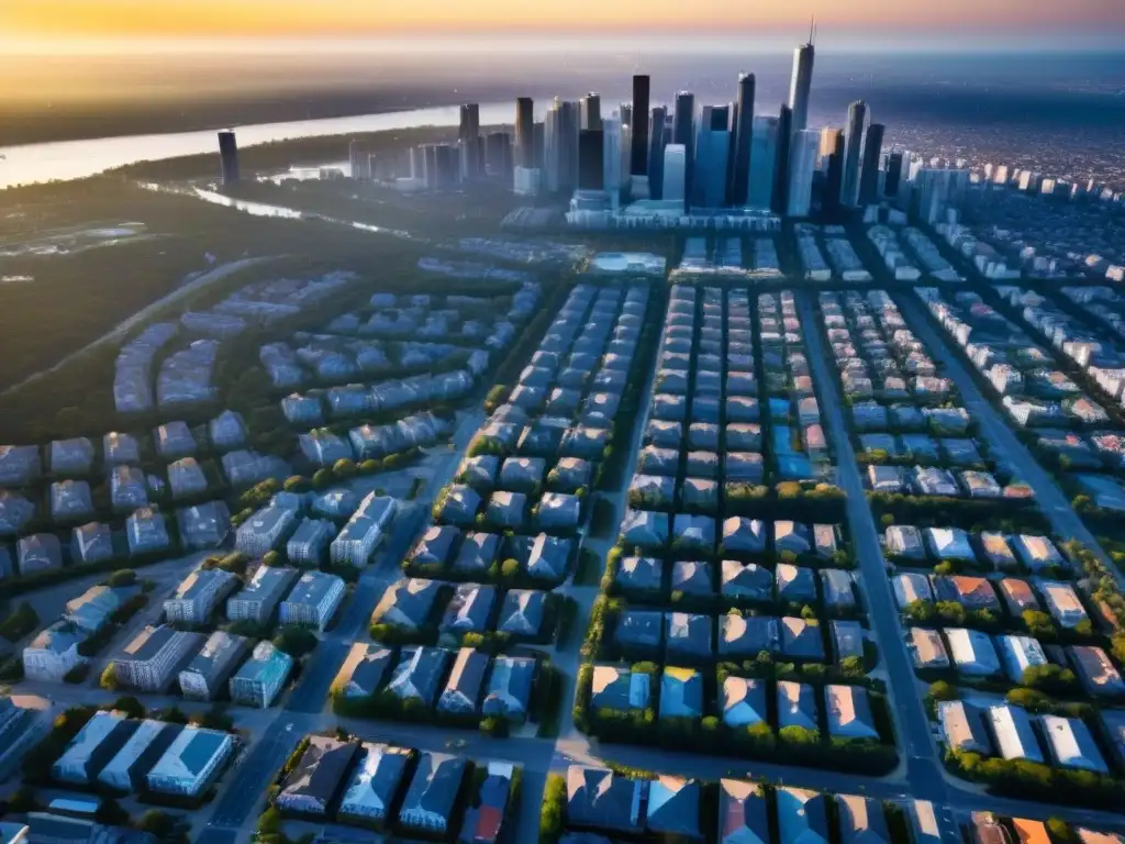 Horizonte urbano vibrante: futuro prometedor del mercado inmobiliario Colonias en auge mercado inmobiliario: Vista aérea de una ciudad dinámica y prometedora, con rascacielos modernos y vecindarios vibrantes