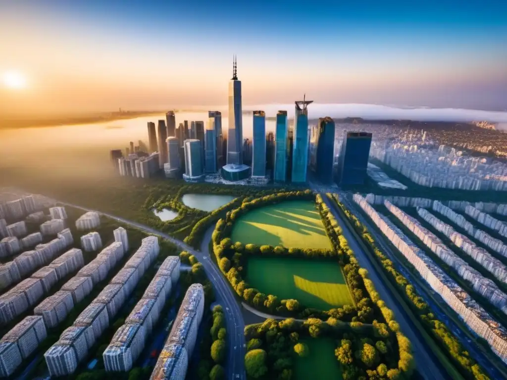 Horizonte urbano en crecimiento: oportunidades de inversión Colonias en auge mercado inmobiliario: Ciudad en crecimiento, rascacielos, parques verdes y vecindarios vibrantes al atardecer
