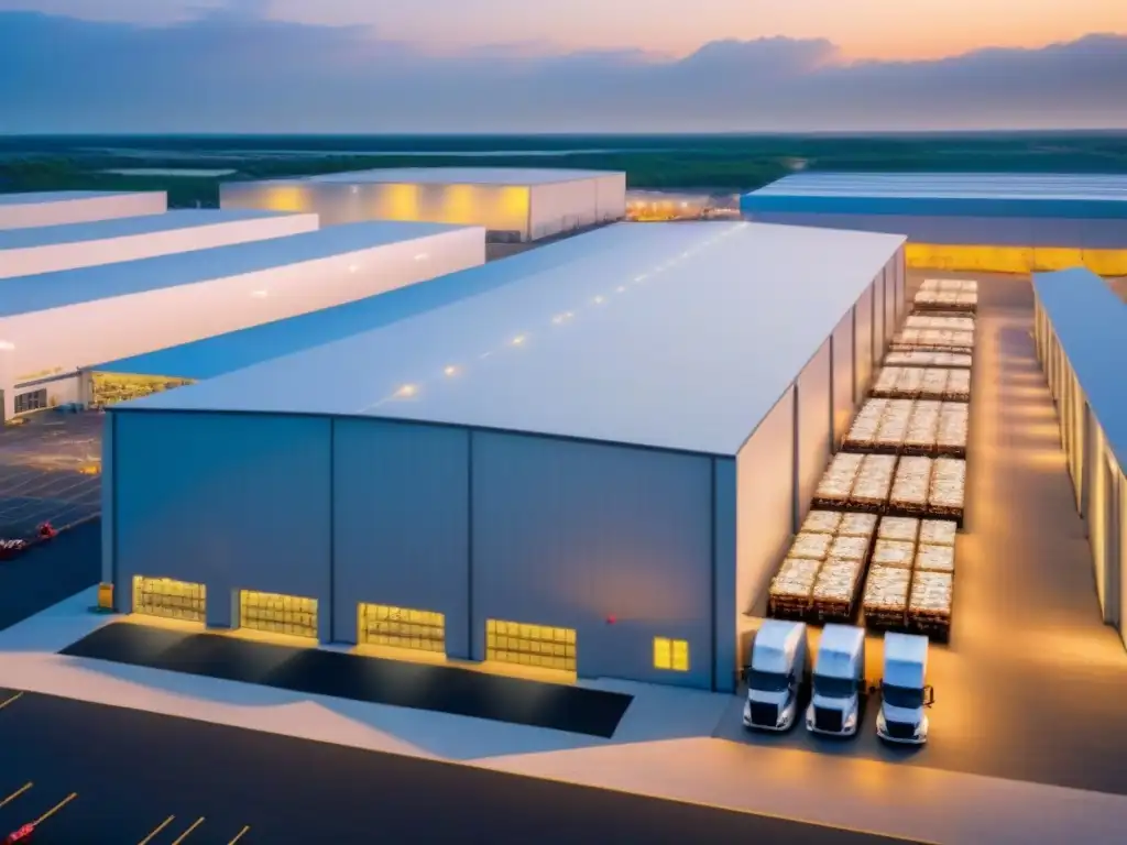 Almacén futurista con tecnología avanzada y eficiencia logística Complejo almacenes vanguardista maximiza rendimientos inversión, eficiencia e innovación logística global