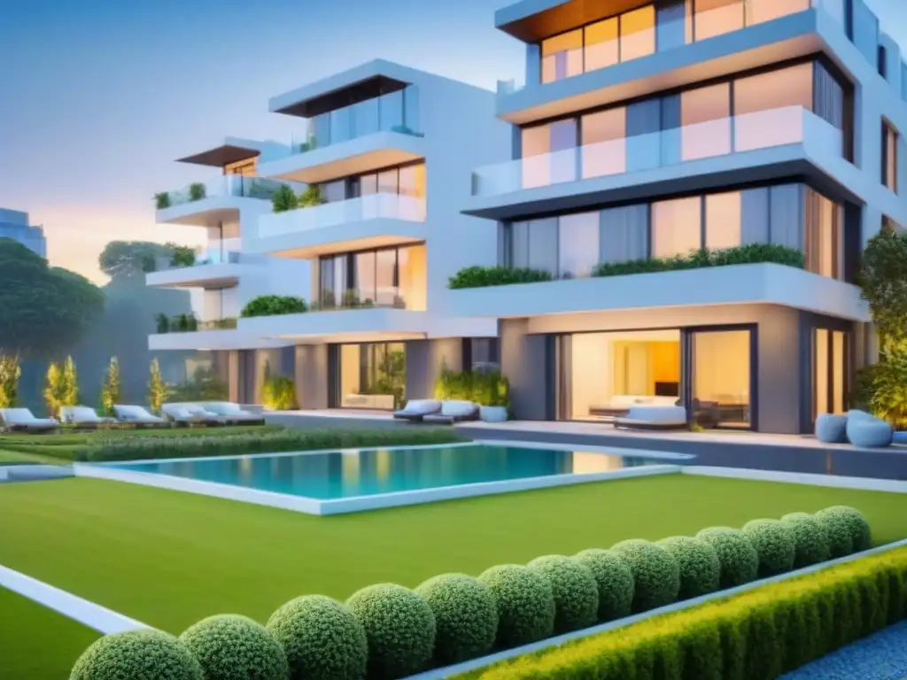 Complejo de apartamentos ecológicos de lujo con paneles solares, jardines verdes y diseño sostenible, ideal para Ventajas fiscales propiedades verdes