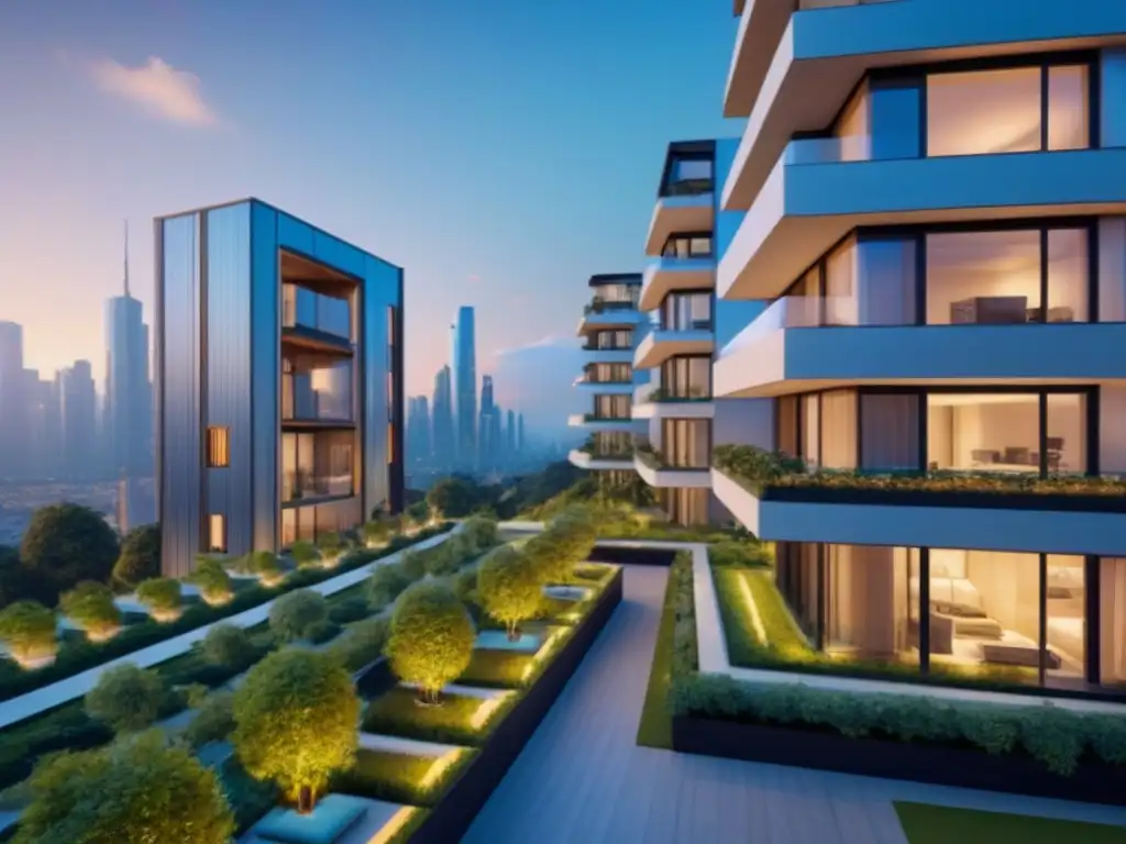 Complejo residencial futurista: lujo inteligente y moderno Un complejo de apartamentos futurista con tecnología de inteligencia artificial integrada