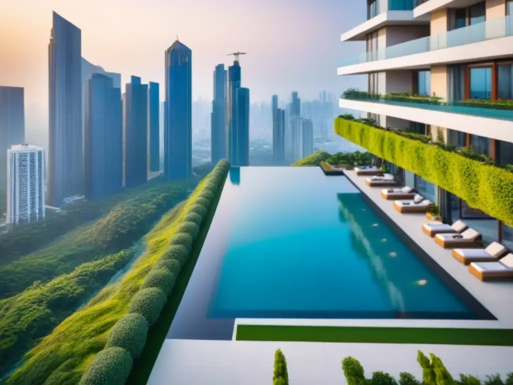 Esplendor urbano: complejo de lujo con vista a la ciudad asiática Complejo de apartamentos de lujo en ciudad asiática, con arquitectura moderna y piscina infinity